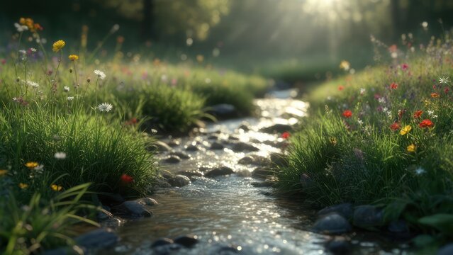 A sunlit stream winding through a meadow