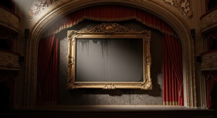 Ornate theater stage features a large, empty, distressed picture frame set against rich drapery