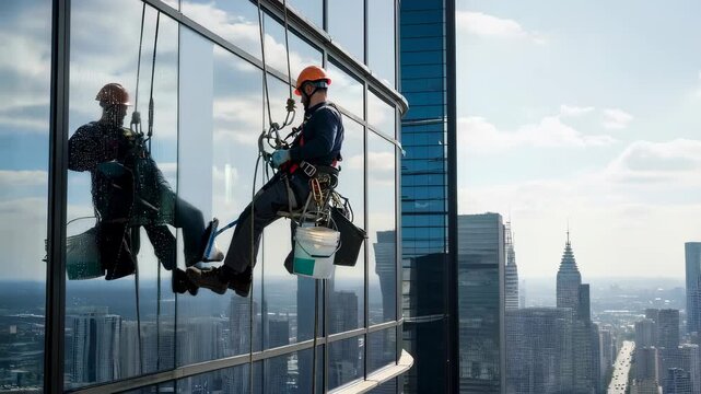 Male window washer cleaning a skyscraper facade a high-rise building with safety equipment and city skyline in background a job concept
