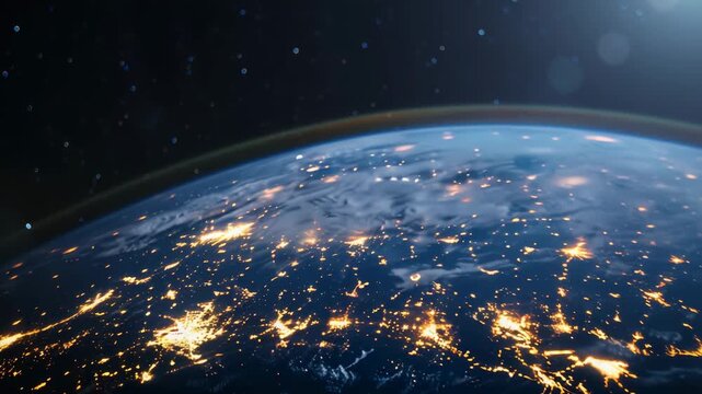 Dynamic nighttime earth orbit with city lights and twinkling stars