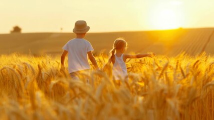 Golden field adventure: children strolling through sunlit wheat at sunset