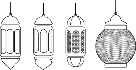 Illustration of various Arabic style lanterns on a white background.