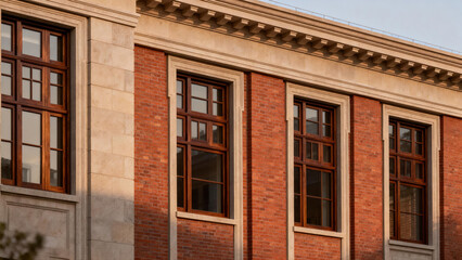 Obraz premium A well-crafted classic building facade with red brick, stone accents, and multiple rectangular windows, showcasing architectural elegance and vintage charm.