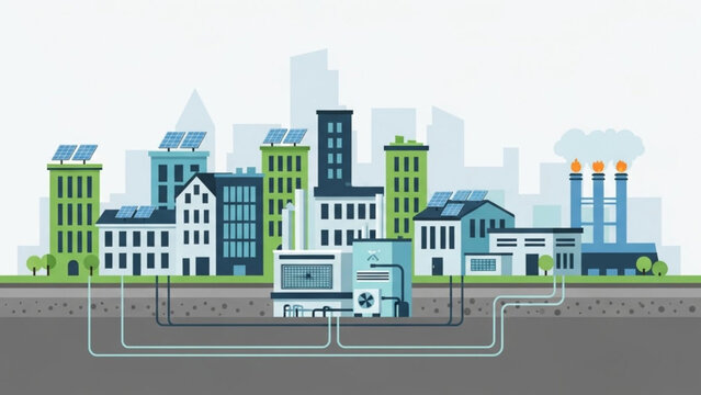 City Scale District Heating System with Renewable Energy Source and Underground Pipe Network Flat Vector Illustration
