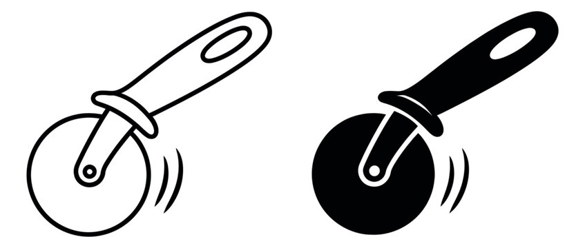 Graphic icon pizza cutter set featuring outline and filled variations for cooking and kitchen design
