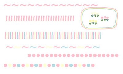 手描きの春色の罫線と囲み枠とチューリップのイラストセット