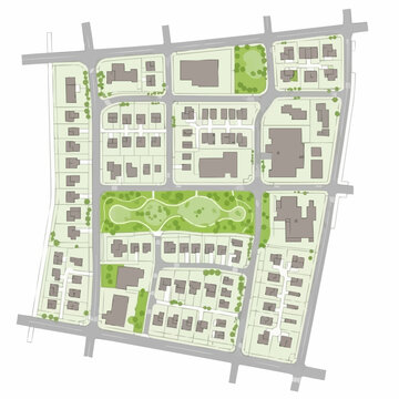 Urban planning blueprint showing city block layout and green spaces.