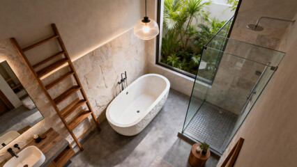 Modern bathroom with freestanding white tub, glass shower enclosure, wooden ladder, natural stone walls, and large window with greenery view. Minimalist, elegant, and luxurious design for relaxation.
