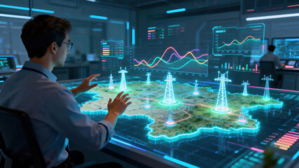 Male technician examines interactive smart grid data on futuristic dashboard, analyzing energy distribution, infrastructure, and operational metrics in high-tech control room setting.