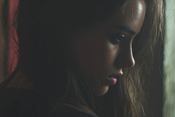 A contemplative woman gazes pensively out a window, highlighting her expression and the play of light on her face.