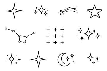 Obraz premium Hand drawn line art celestial icons set featuring various stars, a constellation, and a crescent moon for graphic design