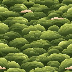 Obraz premium A vibrant, stylized depiction of lush green foliage with soft, rounded shapes and subtle clouds, creating a serene and inviting landscape. Ideal for wallpaper, fabric decor. seamless pattern 