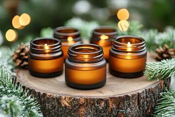 Five amber candle jars glow warmly on a wooden slice, surrounded by evergreen branches and pine cones, creating a cozy, festive atmosphere.