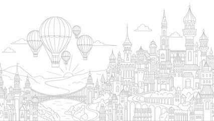 Vintage black and white sketch illustration of an old European castle building in a city setting