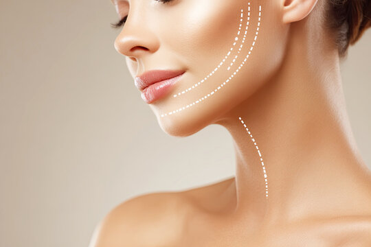 A close-up profile of a woman showcasing a smooth refined jawline with decorative lines, emphasizing beauty and skincare.