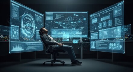Obraz premium Overwhelmed technician observes complex digital interface displays in dark control room environment
