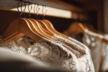 Elegant lace garments hang on wooden hangers, showcasing intricate designs and textures in a softly lit setting.