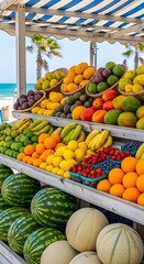 Vibrant Fruit Stand Display on a Sunny Beach.