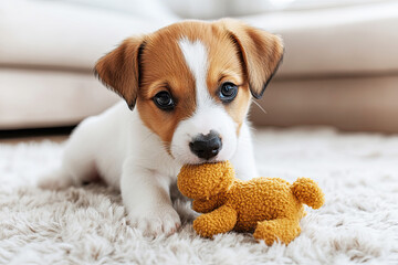A playful jack russell puppy with brown and white fur eagerly chews on a yellow toy on a soft rug in a cozy living space.