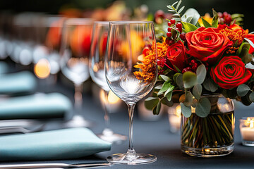 A beautifully arranged dining table featuring elegant glassware, vibrant floral centerpieces, and a cozy, inviting atmosphere.