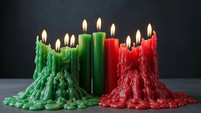 Seven lit candles in red, green, and black, symbolizing Kwanzaa traditions and cultural heritage.