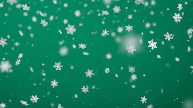 Delicate snowflakes gently falling against a vibrant green background, creating a serene winter scene.