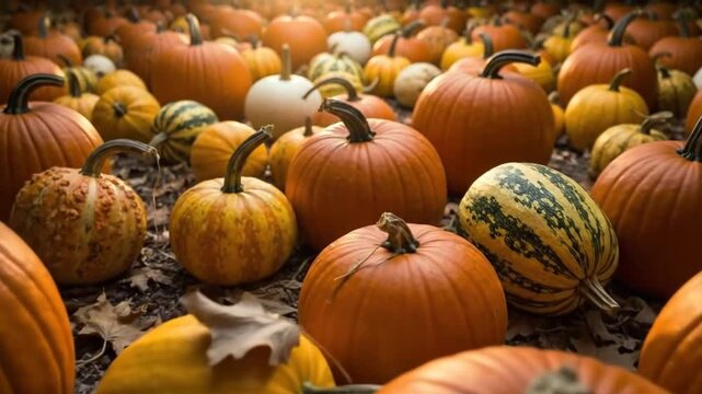 Abundant harvest of pumpkins and gourds spread across the ground, creating a vibrant autumn scene.