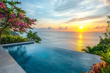 Serene sunset view from infinity pool tropical paradise escape breathtaking ocean panorama vibrant flowers golden hour