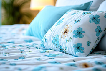 A serene bedding scene featuring blue and white floral patterns, evoking comfort and tranquility in a cozy bedroom setting.
