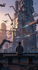 Fototapeta premium Solitary figure observes advanced automated city skyline during twilight hours