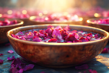 A serene arrangement of bowls filled with vibrant rose petals, illuminated by soft sunlight, creating a calming and ethereal atmosphere.