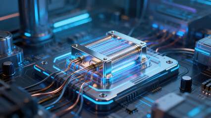 Close-up view of a CPU cooler heat sink mounted on a motherboard, showcasing electronic circuitry and microchip components with glowing blue accents.