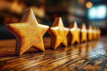 A row of shiny gold stars on a wooden surface, emphasizing quality and excellence in a visually appealing manner.