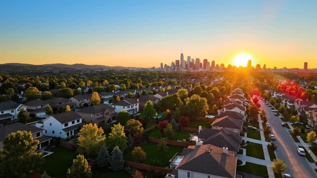 Aerial View of a Suburban Neighborhood at Sunset with City Skyline in the Distance, Golden Hour
