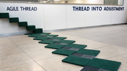 Innovative staircase design featuring unique green step mats leading to an office space with motivational wall text