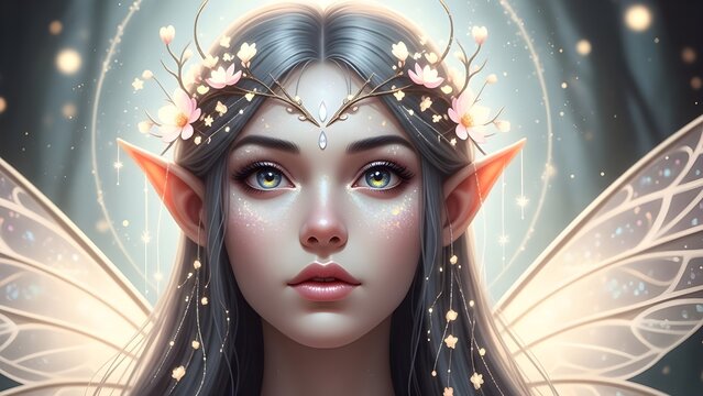 Elegant fairy portrait with silver wings illuminated by soft mystical light
