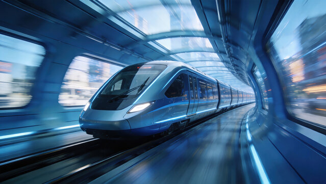 A sleek high-speed train travels through a futuristic urban tunnel, showcasing modern transportation technology and urban infrastructure with dynamic motion blur.