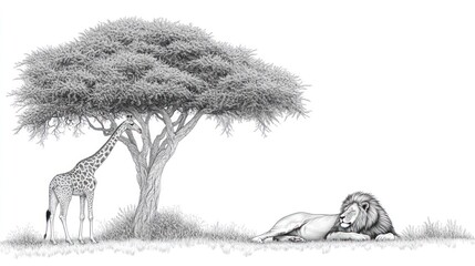 Giraffe and Lion Under Acacia Tree