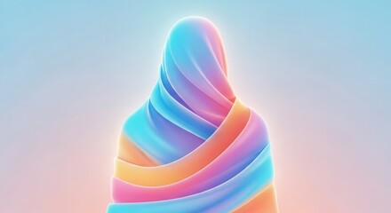 Sculpted colorful ribbons twist upward against a soft pastel gradient backdrop