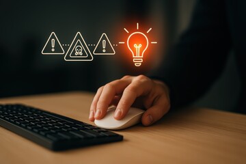 Data Security Concept: A person's hand interacts with a computer mouse, symbolizing the process of protecting sensitive data and illuminating ideas with a lightbulb icon.