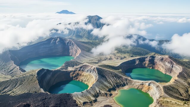 Panoramic Aerial View of Kelimutu Volcano's Three Multicolored Crater Lakes on Flores Island, Indonesia, a Breathtaking Natural Wonder