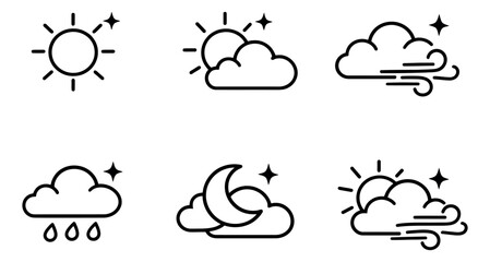 Obraz premium Line art weather icons set featuring sun, clouds, wind, rain, and moon for meteorology and climate applications