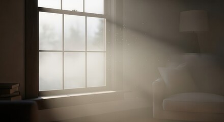 Fototapeta premium Bright shafts of sunlight stream through a multi-paned window illuminating floating dust particles indoors