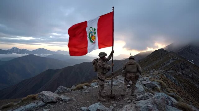 Soldiers Standing on Mountain Top Raising Peruvian Flag During Civilian Expedition at Dusk