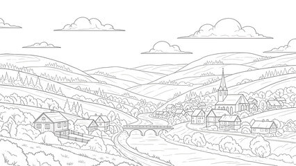 Obraz premium Charming rural village scene with rolling hills, a river, and a church spire under a cloudy sky, depicted in a line art style
