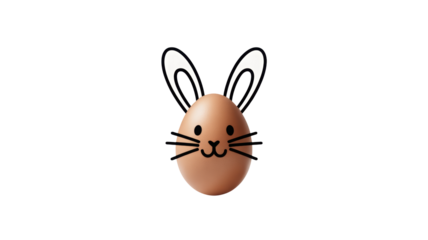 Adorable brown egg decorated as a cheerful Easter bunny with drawn facial features and white ears on a stark black background