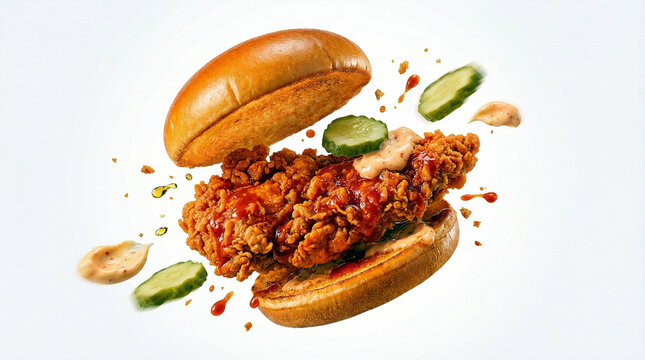 Exploded View of Fried Chicken Sandwich with Flying Buns, Pickles, and Sauce