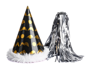 - Black and Gold Party Hat and Silver Streamer Bundle (3)