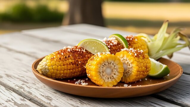 Grilled street corn delight served on a wooden plate outdoors setting