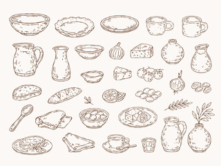 Hand-drawn vector line art of ceramic tableware and simple food. Minimal, whimsically imperfect outlines, perfect for patterns, scenes, creative projects, and textile or kitchen designs